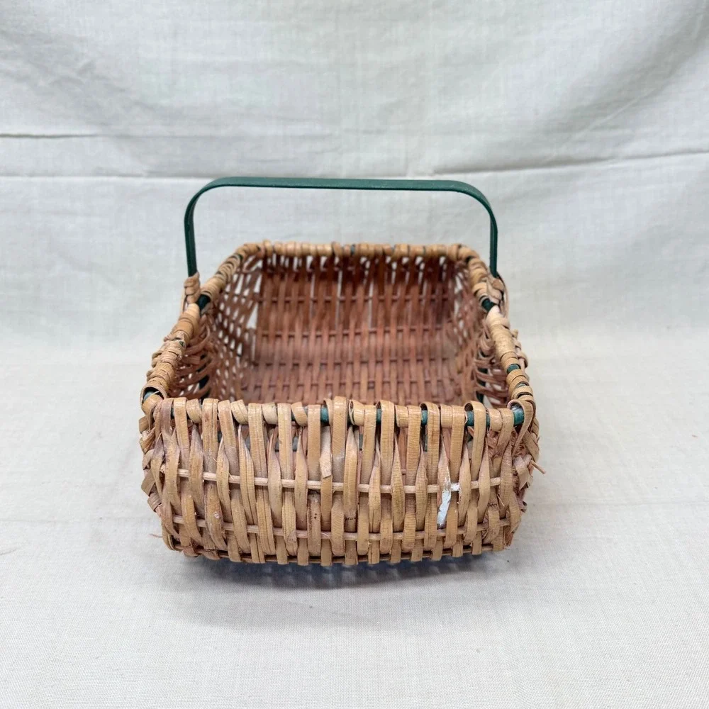 Vintage Wicker Gathering Basket Green Handle Cottage Decor Organizer 1970s